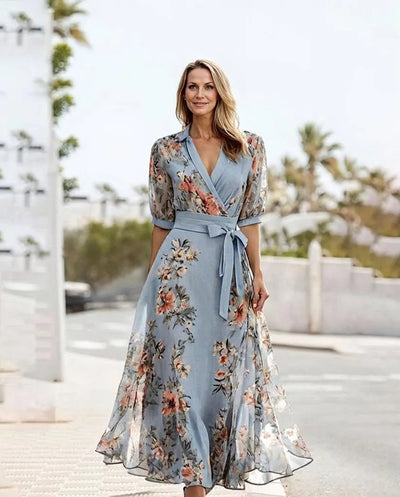 Robe midi fluide avec manches courtes et col en V chic
