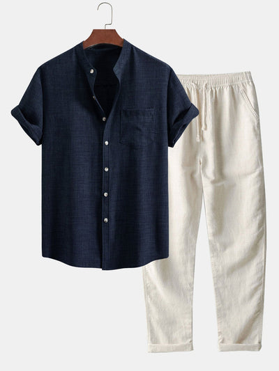 Ensemble homme avec chemise col officier à manches courtes et pantalon droit style décontracté