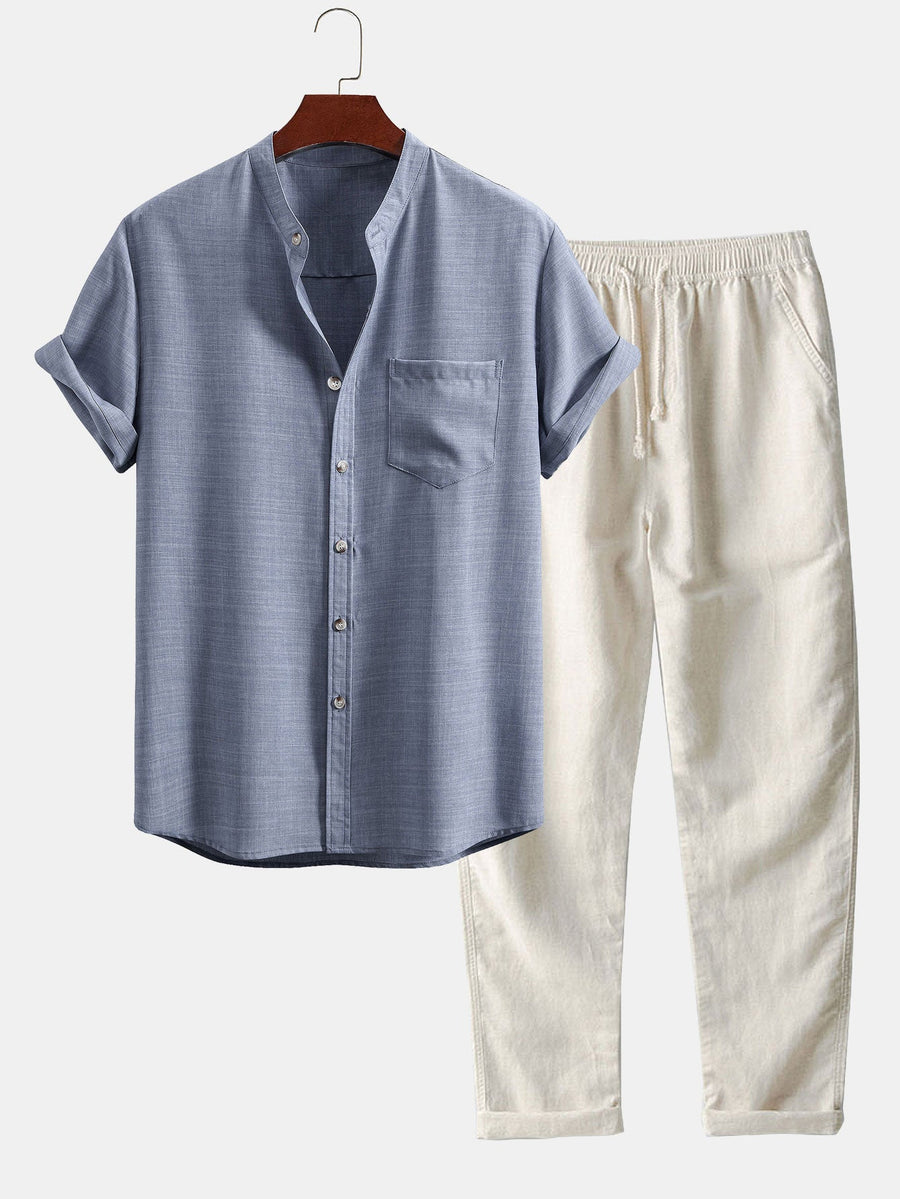 Ensemble homme avec chemise col officier à manches courtes et pantalon droit style décontracté