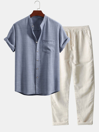 Ensemble homme avec chemise col officier à manches courtes et pantalon droit style décontracté