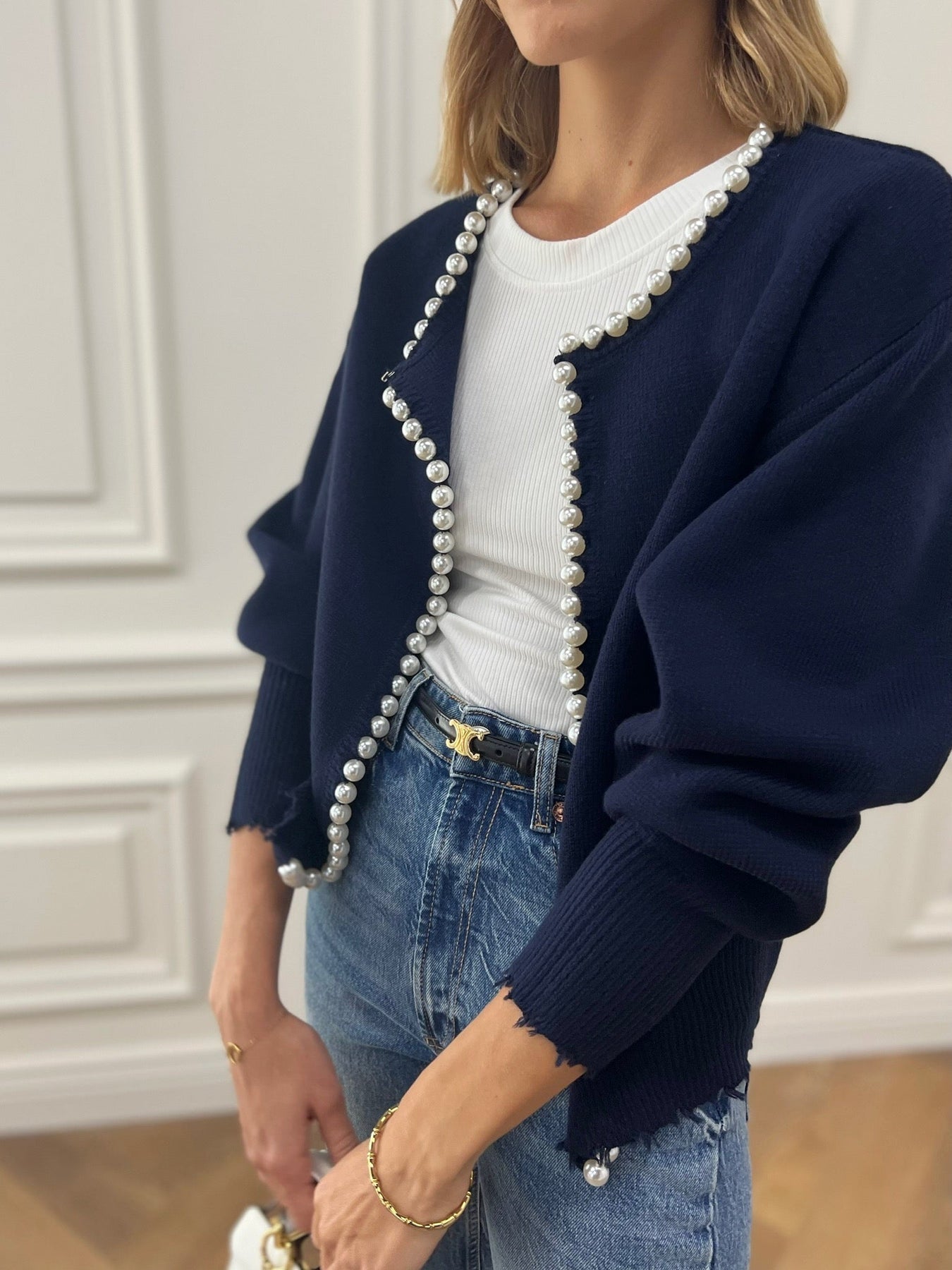 Wena | Cardigan à ourlet déchiré et bordure perlée