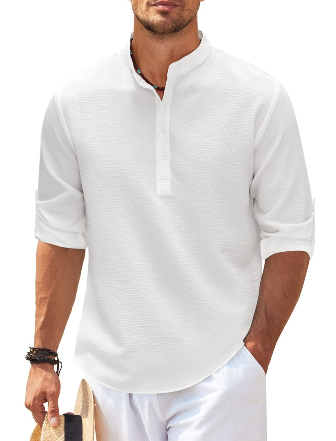 Tee shirt homme décontracté d’été avec col montant et fermeture partielle à boutons