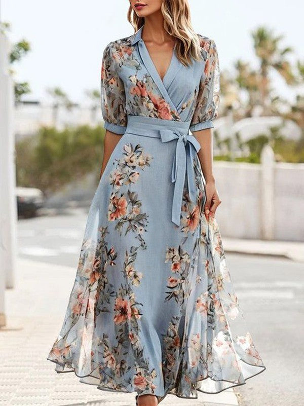 Robe midi fluide avec manches courtes et col en V chic