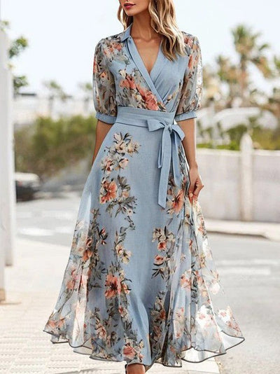Robe midi fluide avec manches courtes et col en V chic