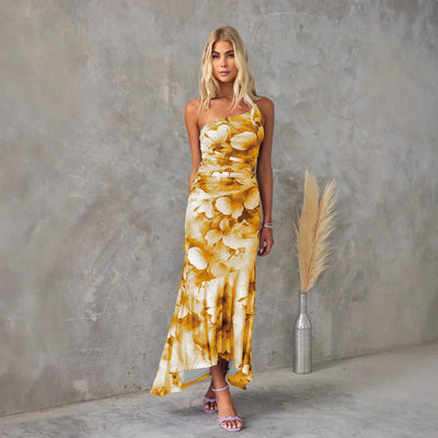 Robe midi fluide et stylée avec imprimé floral et coupe asymétrique