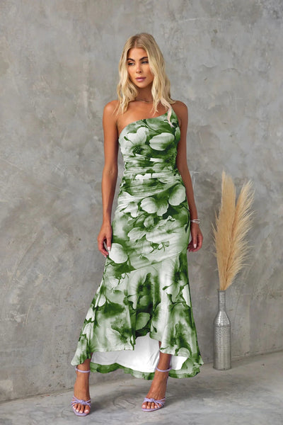 Robe midi fluide et stylée avec imprimé floral et coupe asymétrique